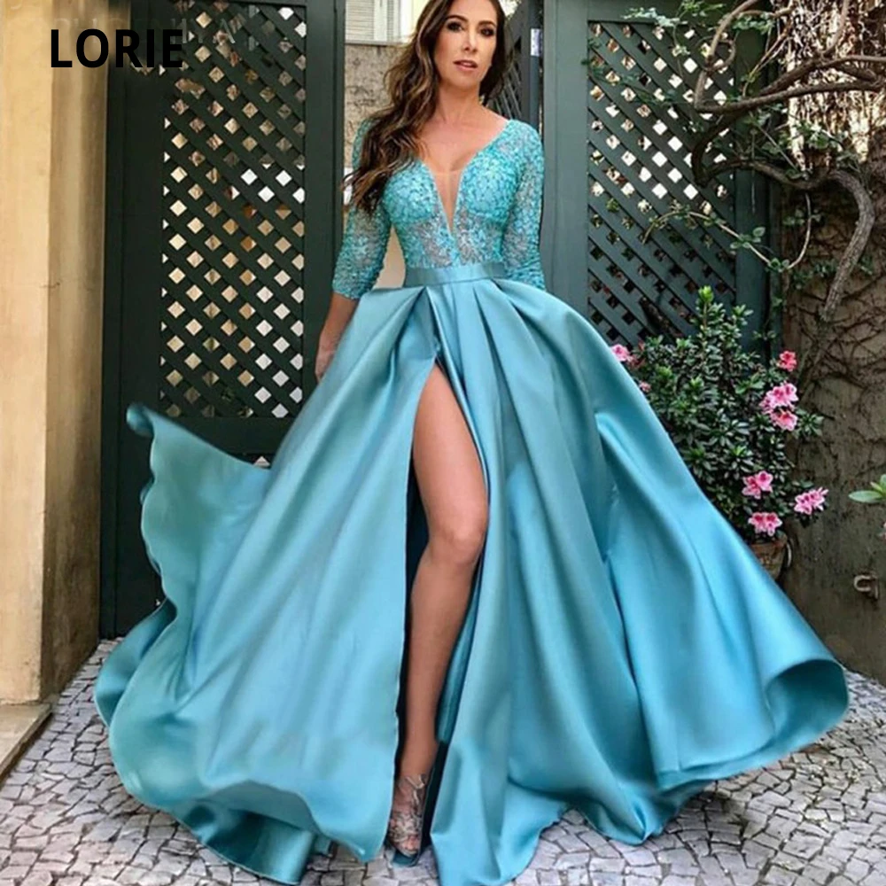 LORIE Blue Satin Evening Dresses Long Formal Prom Party Gowns Lace Deep ...