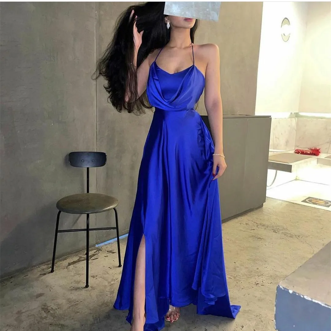 

Long Royal Blue Satin Evening Dresses with Pockets A-Line V Neck Floor Length Sexy Back Slit Formal Party Gown for Women