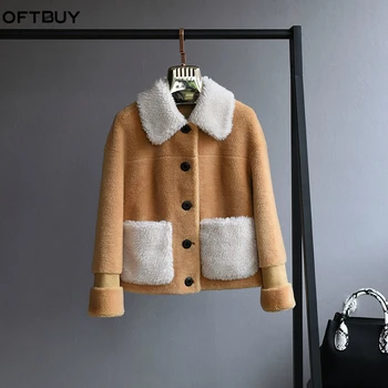

OFTBUY 2020 Winter Jacket Women Real Fur Coat Natural Wool Fur Outerwear Pocket Streetwear Causal New Fashion Thick Warm buttons