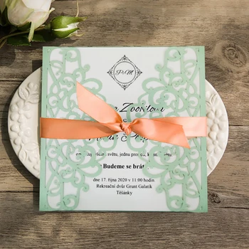 

50 Kits Green Wedding Invitation Cards with envelopes Personalized Invites Blank Inside Card Print with Ribbons Party Birthday