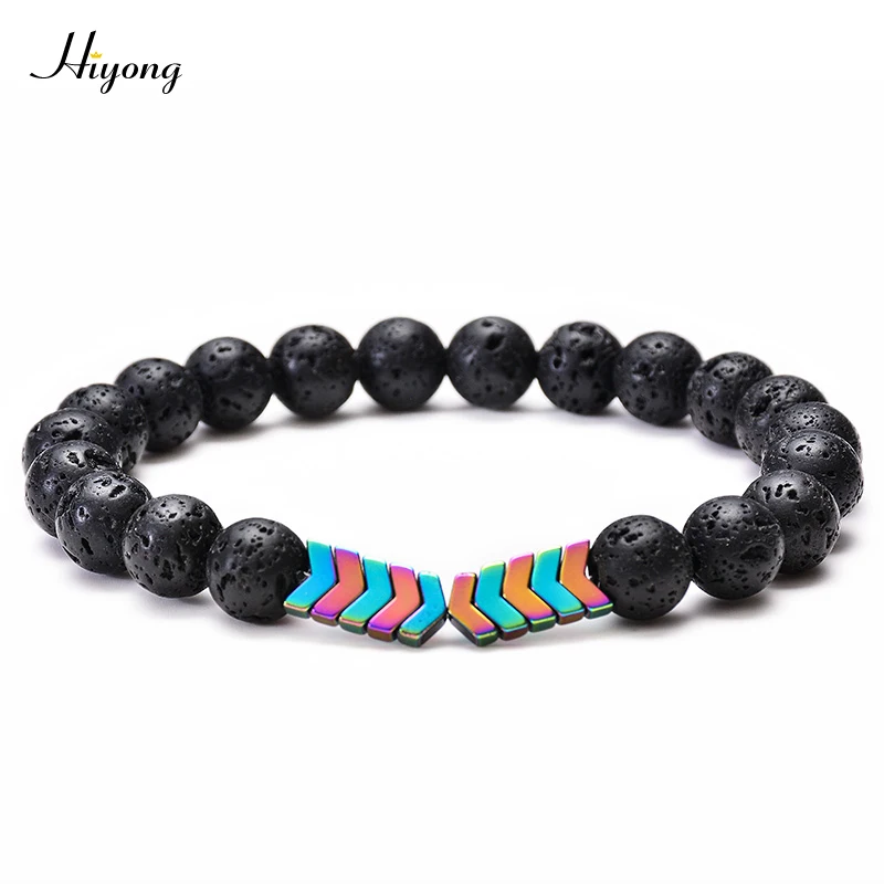 Lava stone Bracelet HIYONG камень из вулканической лавы браслет для женщин мужчин бисерный браслет стрелки натуральный камень браслеты исцеление йогой эластичные украшения - Окраска металла: Lava stone Bracelet