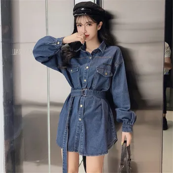 

Spring Autumn 2020 Loose Big pockets Long-sleeve Vintage Washed Women Denim jacket With belt Harajuku Blue Casual Jeans jacket
