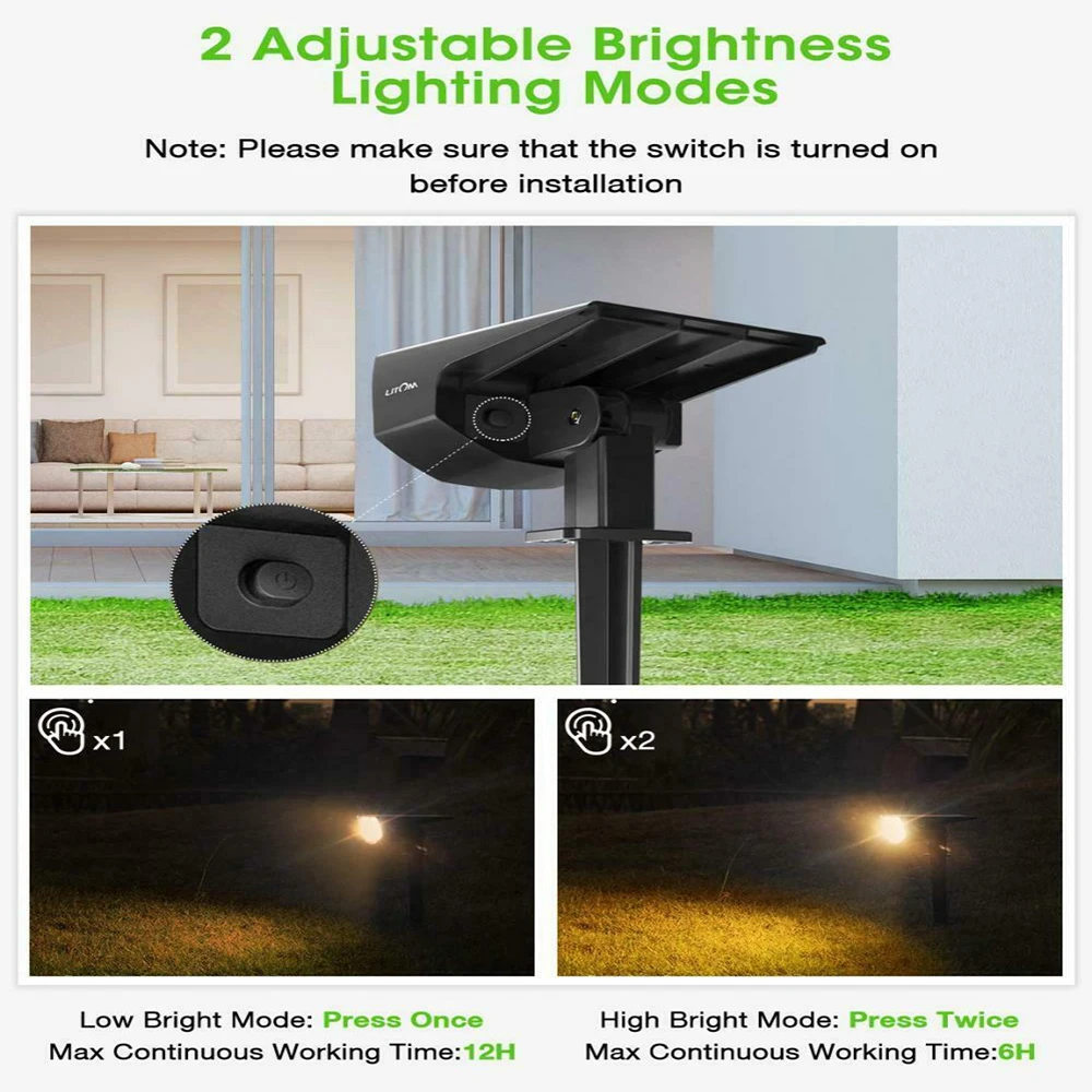 2Pcslot LITOM 12 LED Solar Light Outdoor IP67 Waterproof Warm White Lamp 2 Lighting Modes 2-in-1 Adjustable Solar Spotlights (5)