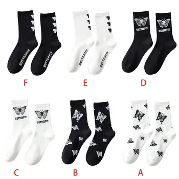 

Women Harajuku Cotton Long Crew Socks Butterfly Letters Print Skateboard Hosiery