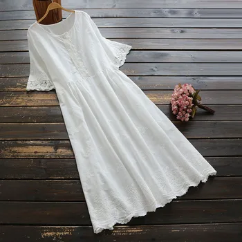 

6328 New Summer Women Dress Cotton Embroidery O-Neck Short Sleeve Loose Casual A-line Midi Dress Women