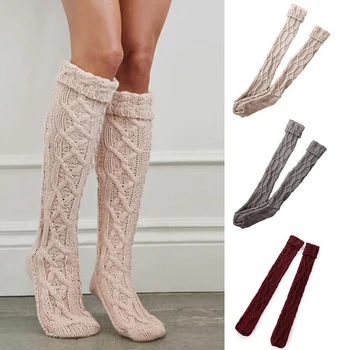 

2019 Winter Women Girl Cable Knitted Warm Stockings Ladies Solid Crochet High Knee Long Stockings Women Leg Warmers