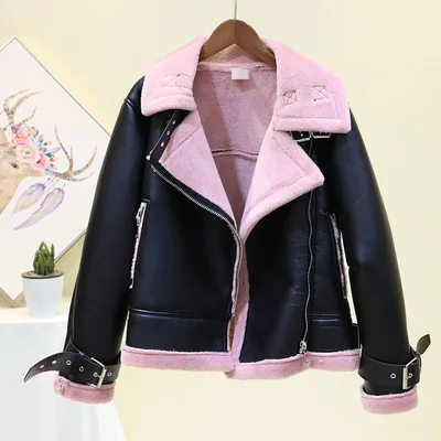 Черная подкладка из овечьей шерсти, кожаная куртка, пальто для женщин, зимняя высококачественная Толстая теплая тонкая куртка из искусственного меха, женская короткая верхняя одежда - Цвет: pink