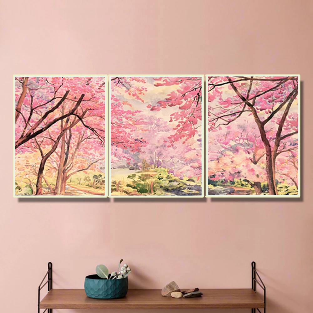 

Laeacco 3 Panel Spring Pink Flower Posters and Prints Canvas Painting Home Wall Art For Living Room Wedding Decoration