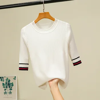 

2020 Women New Summer Women T Shirt Fashion Knitted Short Sleeves Women Tees Top O-Neck Rib Female Casual T-shirt