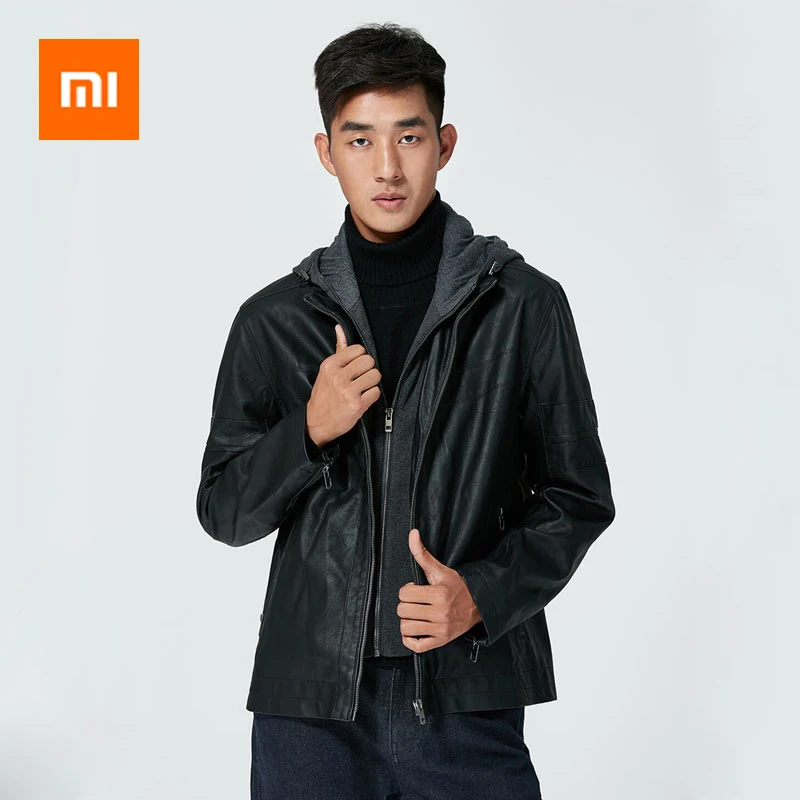 Мужская куртка из искусственной кожи Xiaomi со съемным капюшоном, трендовая мотоциклетная куртка, ветрозащитная теплая куртка в уличном стиле, модное мужское пальто