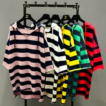 Корейская мода, Женская Весенняя широкая полосатая рубашка, студенческий летний Повседневный пуловер, футболки, Универсальные Длинные толстовки с капюшоном, топы