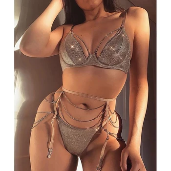 

YANZIWU Sparkle Chain Push Up Bra And Panty Set Women Bodycon Intimates Lingerie Set Underwear Bralette Sexy New Lace Brief Set