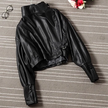 

Lautaro Short black spring faux leather jacket women long sleeve Loose streetwear womans clothing Plus size cropped jacket 7xl