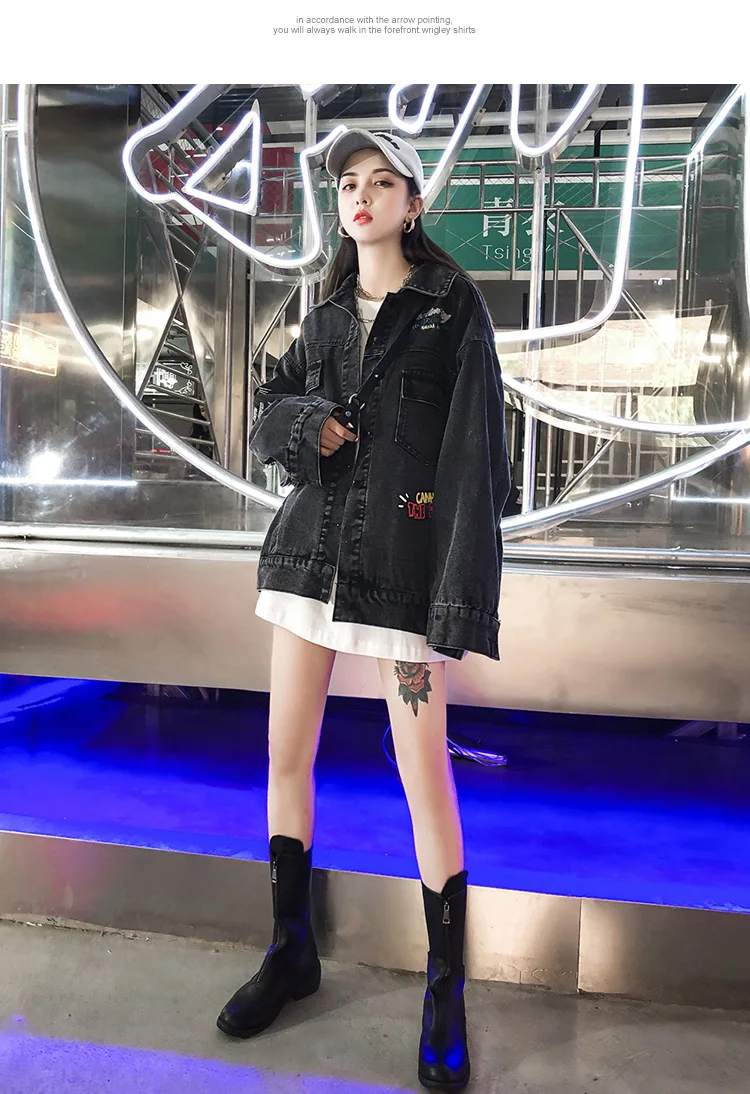 Женская джинсовая куртка BF Harajuku с вышитыми буквами, Осень-зима, толстая свободная черная джинсовая куртка в стиле хип-хоп, Женская Повседневная джинсовая куртка