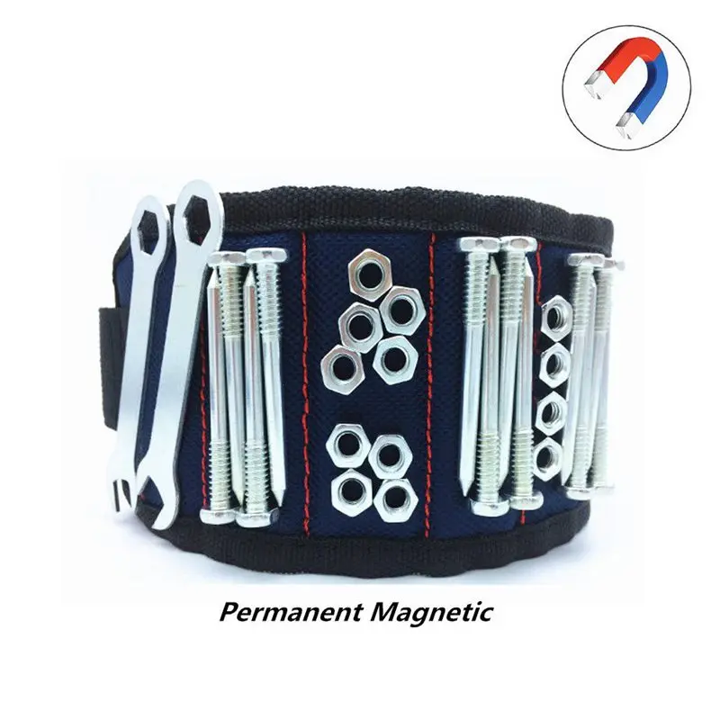 Магнитный браслет держит маленькие металлические инструменты винты гвозди плотно болты во время работы синий
