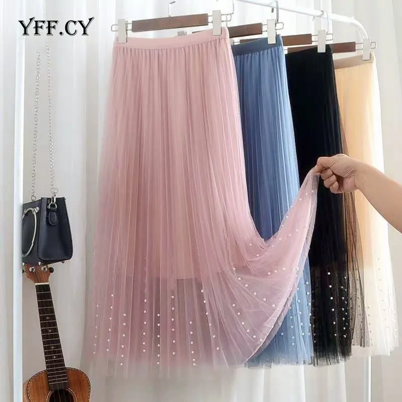 

New 2020 Spring Summer Skirts Womens Beading Mesh Tulle Skirt Women Elastic High Waist A Line Mid Calf Midi Long Pleated Skirt