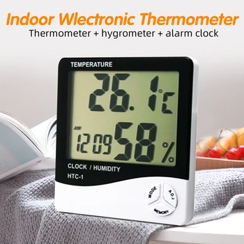 

Indoor Thermometer Hygrometer Room LCD Electronic Temperature Digital Thermometer Alarm Clock HTC-1 Weather Station Humidity