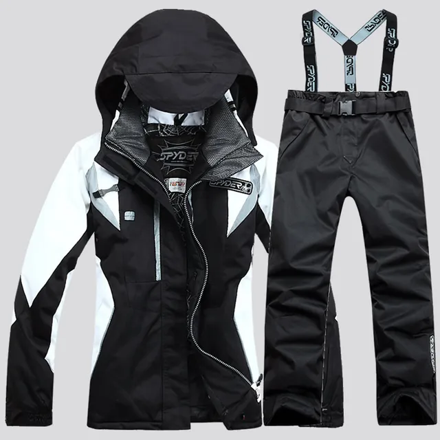 Women's Winter Jackets Pant Suits Windproof Rainproof  Warm Skis Snowboard Set Fashionable Female Skiing Wears Hooded Suspenders Black