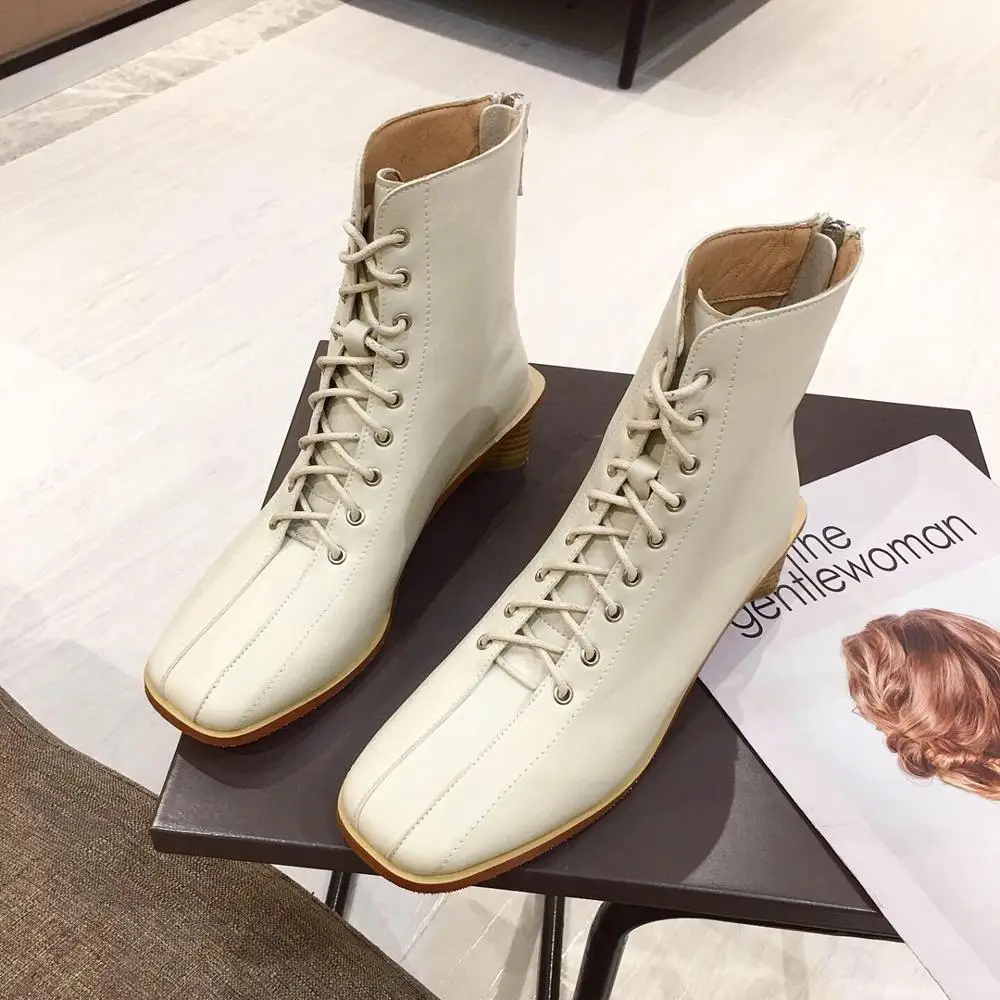 

Shoes Women's Mid Calf Boots Bootee Woman 2019 Chunky Heel Low Heels booties Round Toe Booties Ladies Luxury Designer Lace Up