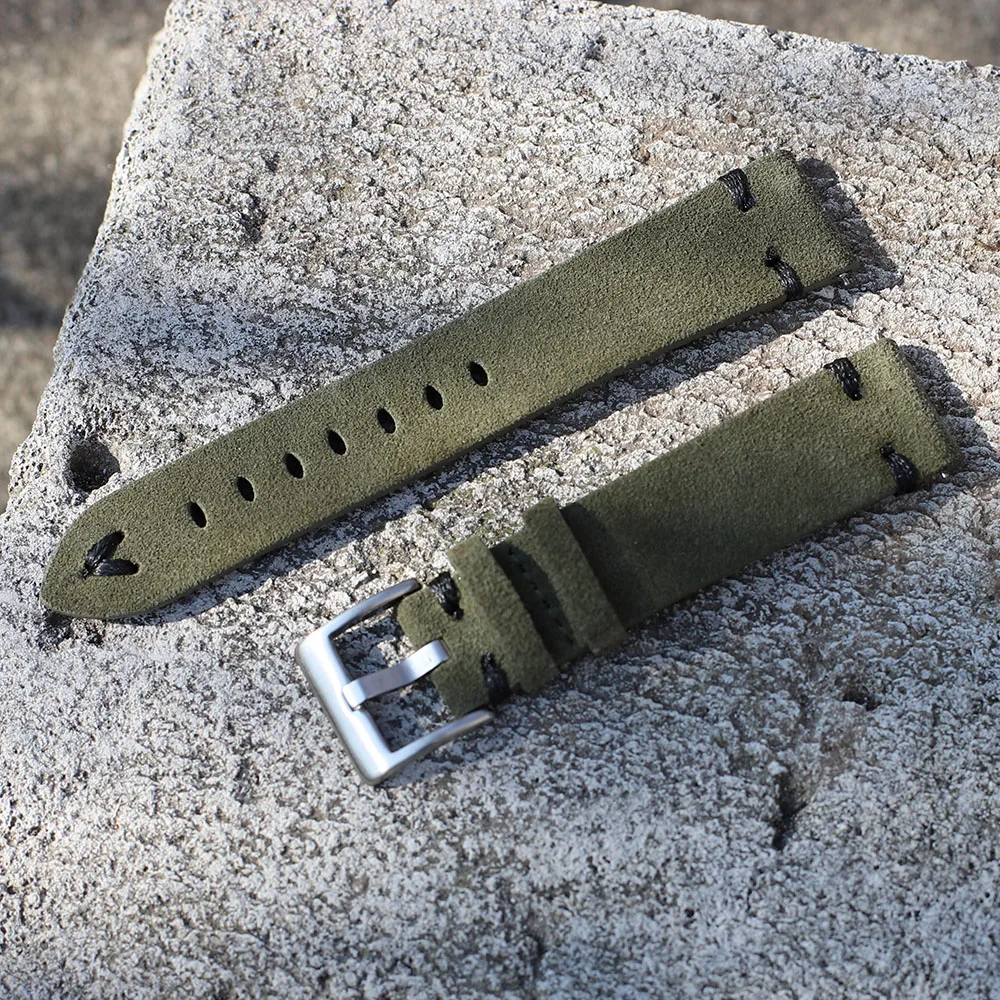 

Onthelevel Handmade Leather Comfort Dark Green Suede Strap 18mm/20mm/22mm Stainless Steel Buckle with white/black stitching