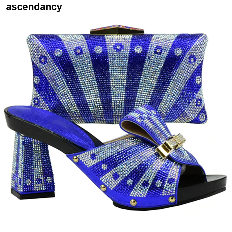 

Shoes and Bag Set African Sets 2017 Blue Color Italian Ladies Shoe and Bag Set Decorated with Rhinestone African Party Shoes Bag