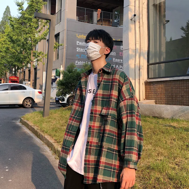 

Autumn Plaid Shirt Men Fashion Vintage Cotton Casual Shirt Jacket Men Streetwear Wild Loose Long Sleeve Shirt Coat Man