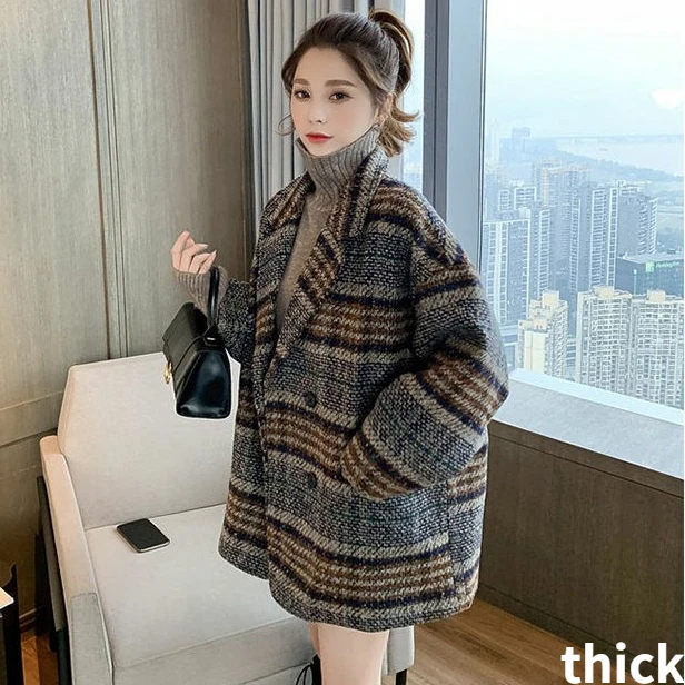 down parka Coats Free Shipping Blends Women Striped Winter Retro Harajuku Thicken Trendy Casual Double Breasted Mujer Streetwear Jacket down parka women