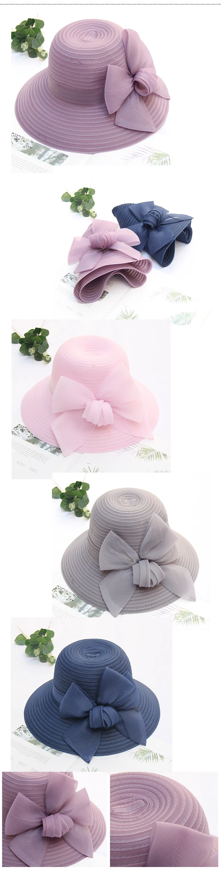 FS Pink Wide Brim Hats For Women Caps Ladies Fascinators Fedora Hat Flower Wedding Church Party Beach Sun Hats