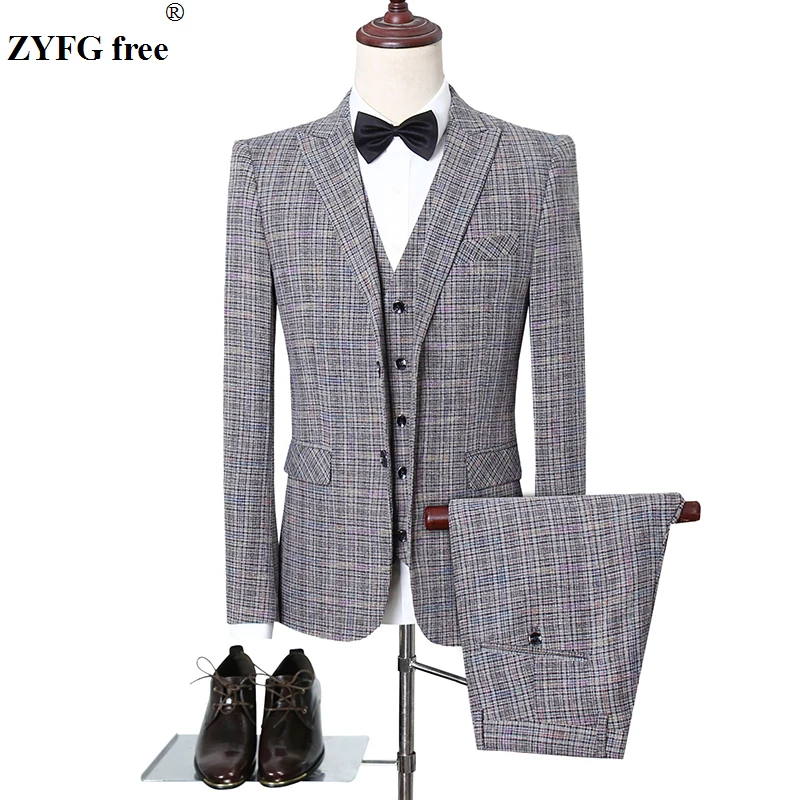 Size XS-5XL mannen 3 stuk past sets slim fit Blazers + Broek + Vest sets mens grid patroon Jas + broek + Vest suits 3 kleuren Size XS-5XL mannen 3 stuk past sets slim fit Blazers + Broek + Vest sets mens grid patroon Jas + broek + Vest suits 3 kleuren
