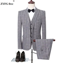 Size XS-5XL men 3-piece suits sets slim fit Blazers+Pants+Vest sets mens grid pattern Coat + Trousers +Waistcoat suits 3 colors