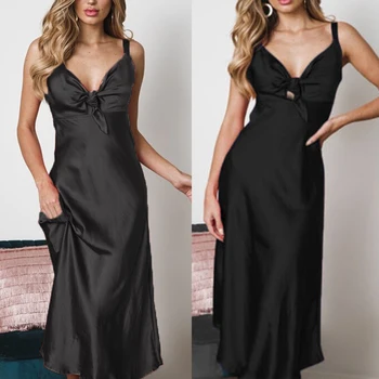 

New Women Sexy Soft Satin Slik Sleepwear Long Dress Sexy Lingerie Sleepwear Robe Sleeveless Solid V-Neck Nightwear Dress