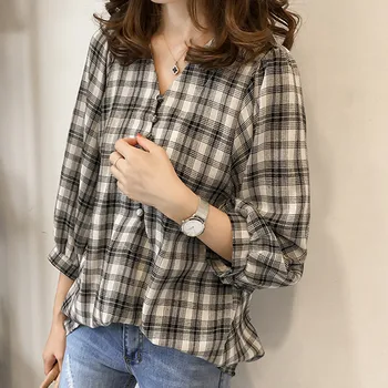 

Blouse Women Lantern Sleeve Plaid Nine-quarter Sleeve Loose Casual Shirt Womens Tops And Blouses Blusas Mujer De Moda 2020