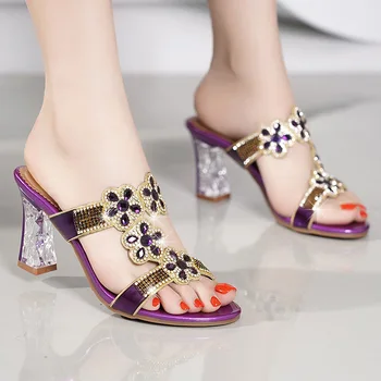 

Sandalia Feminina Sandals High Heels s Outer Wear Hoof Heels Fairy Wind Comfortable Sexy Crystal