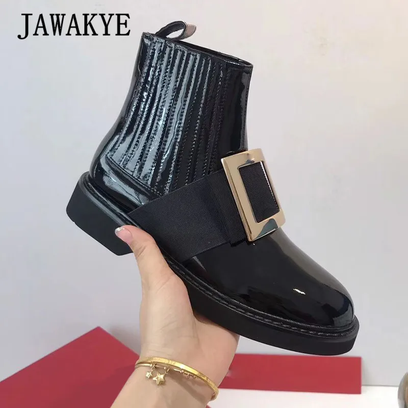 JAWAKYE стразы; ботильоны с квадратной пряжкой; женские Ботинки martin из лакированной кожи со шнуровкой и боковой молнией; женские модные ботинки «Челси» на плоской подошве