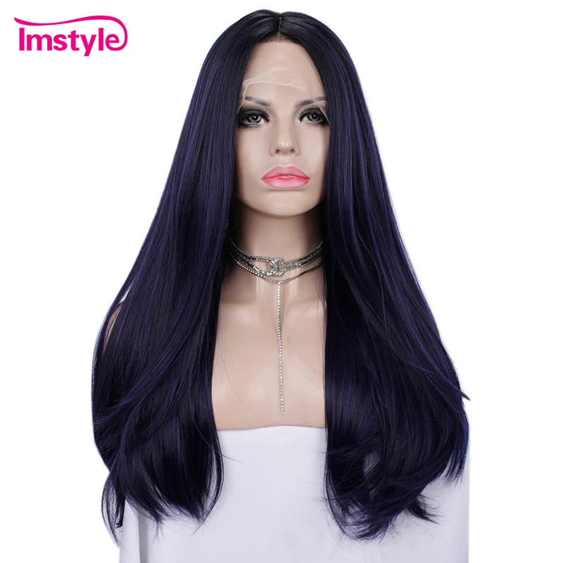 

Imstyle Mixed Color Purple Black Wig Straight Synthetic Lace Front Wig Natural Hairline 13X4 Lace Heat Resistant Fiber Wigs