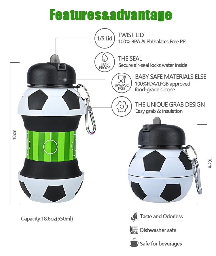 2019 Wholesale Novelty Football Sports Foldable Collapsible Travel Silicone Water Bottle