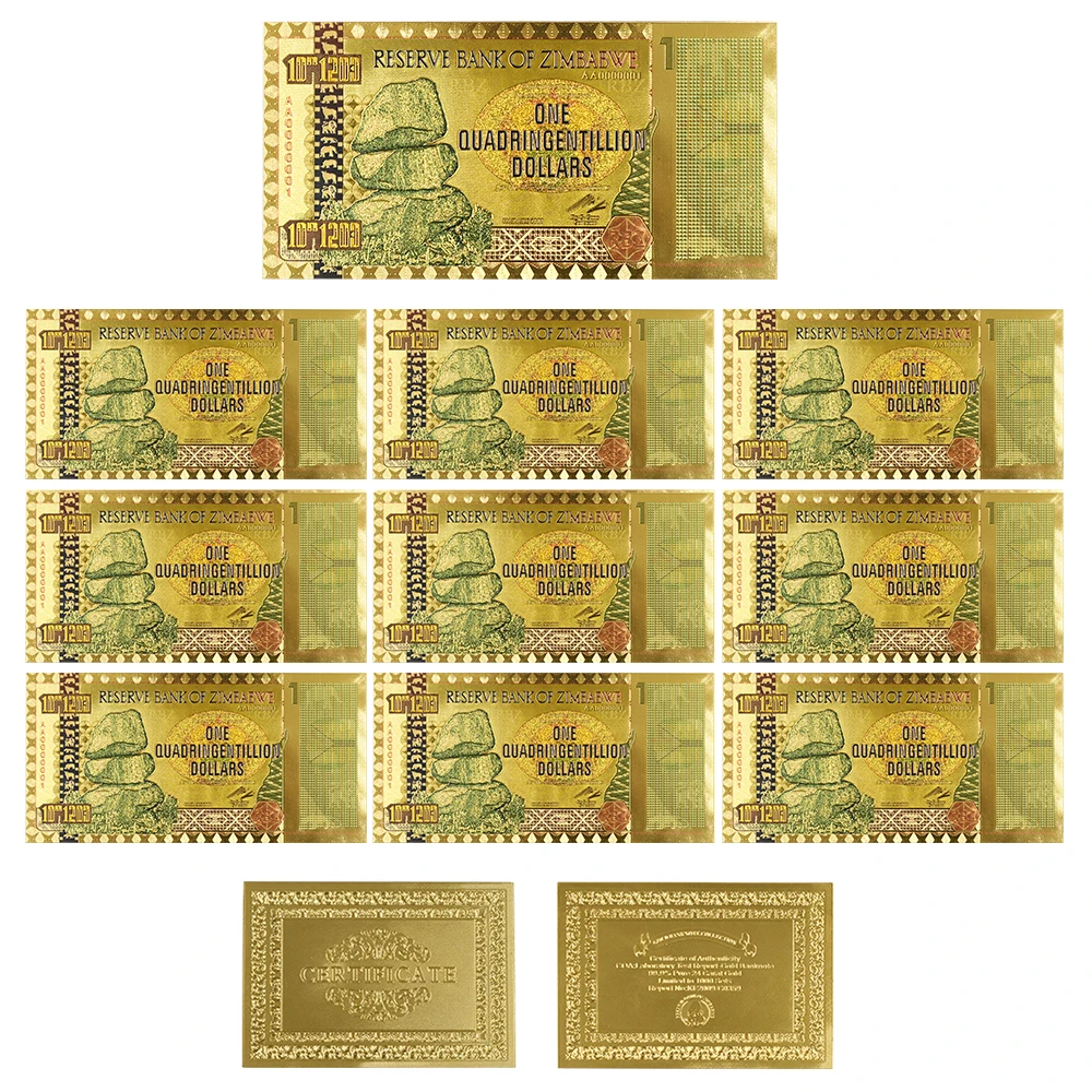 10pcs 500 шт./кор. один Quadringentillion доллар с покрытыем цвета чистого 24 каратного золота Золотая банкнота Зимбабве Рождественская роскошь, подарки - Color: 10pcs