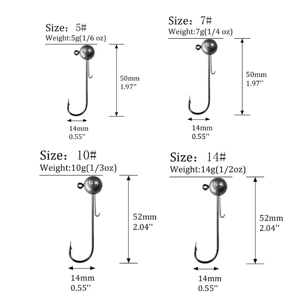 5pcs/lot Jig Head Barbed Fishing Hooks 5g 7g 10g 14g Round Ball Jig Head Hook Weedless Long Shank Hook for Soft Lure