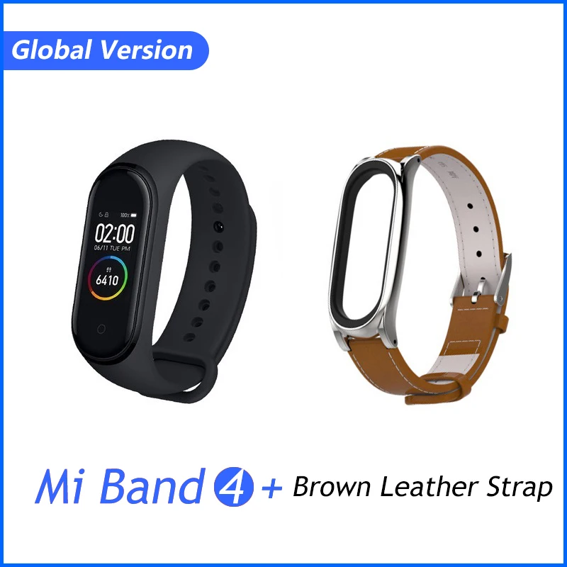 Фирменный Xiaomi mi браслет 4 браслет mi Band 4 фитнес-браслет 3 цвета AMOLED экран музыкальный контроль Smartband - Цвет: GB Brown Leather