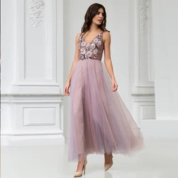 2022 New Tulle Prom Dresses Cap Sleeves Ankle Length Formal Party Gown For Woman With Flowers Robe De Soriee Sleeveless A Line