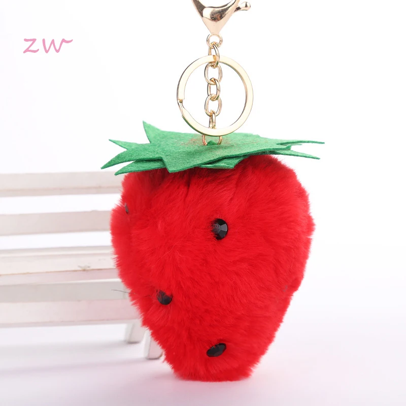 

Simple Strawberry Key Chain Fur Ball Pompon Keychain Ball Artificial Rabbit Fur Furit Keychains For Woman Car Bag KeyRing