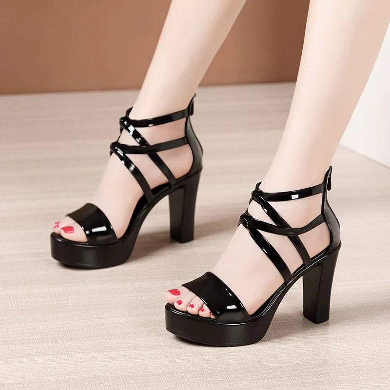Big Size 3243 Block Heel Platform Sandals Women Wedding Shoes 2021 Summer High Heels Gladiator Sandals Patent Leather Sandals