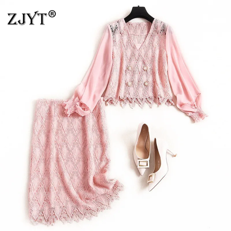 

Lady Spring Skirt Set 2020 New Runway Designers Fashion Women's V Neck Chiffon Patchwork Hollow Lace Top and Skirt Suit Sets