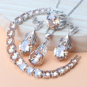 

Women Jewelry Sets Champagne Zirconia Silver 925 Costume Jewellery Wedding Gift Necklace Set Bracelet Rings Earrings Pendant