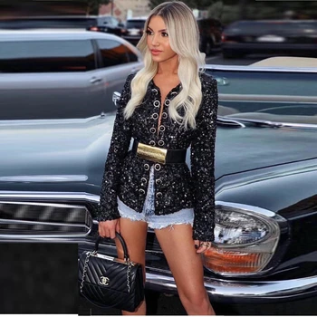 

2019 New Fashion Women Black Sequin Coat Long Sleeve Button Sexy Good Quality Clubwear Casual Wholesale Hot Sale Party Jackets