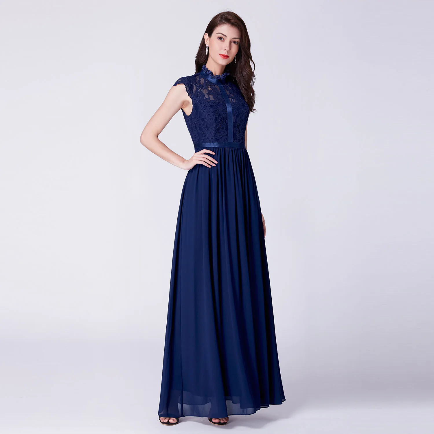 

2020 Europe And America Spring New Style Lace Crew Neck Flounced Elegant Evening Gown Dress Women's