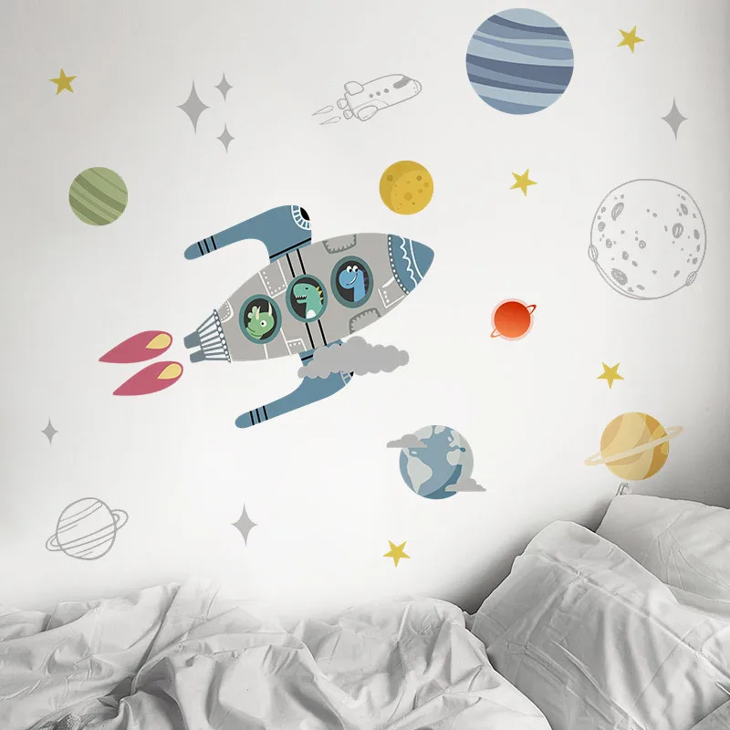 Rocket Ship Astronaut Creative Vinyl Wall Sticker For Boy Room Decoration Outer Space DIY Wall Decal Nursery Kids Bedroom Decor