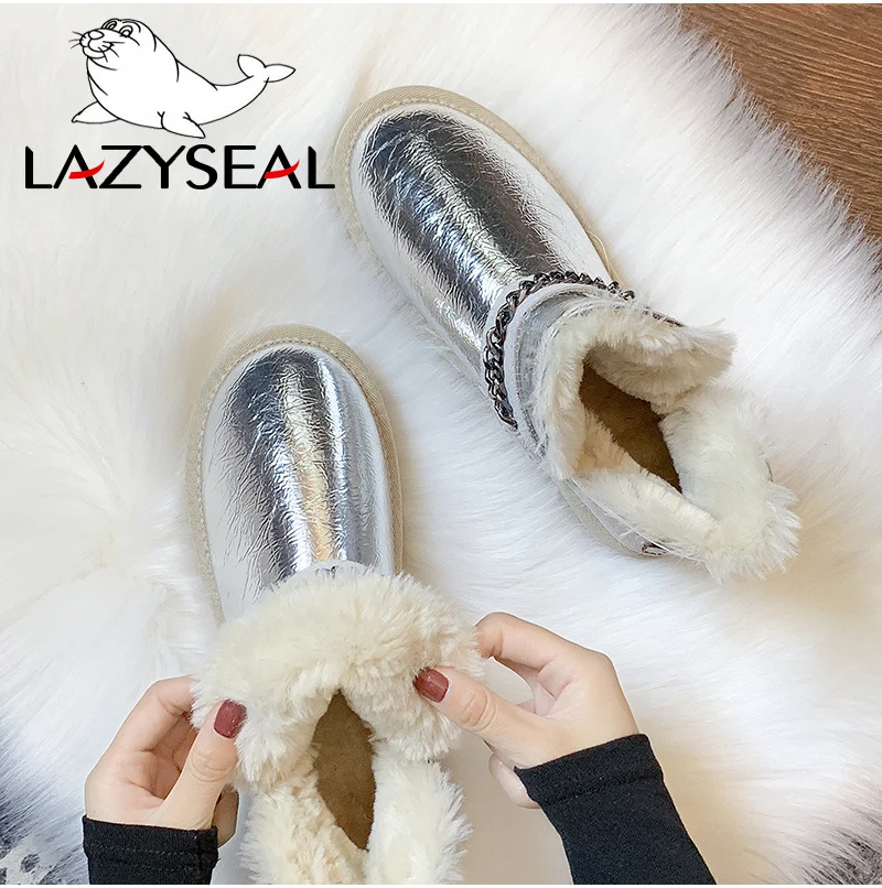 LazySeal/Новинка года; стильная женская обувь; модные серебристые Зимние теплые плюшевые ботинки с цепочкой; обувь для девочек; студенческие ботинки; Лидер продаж