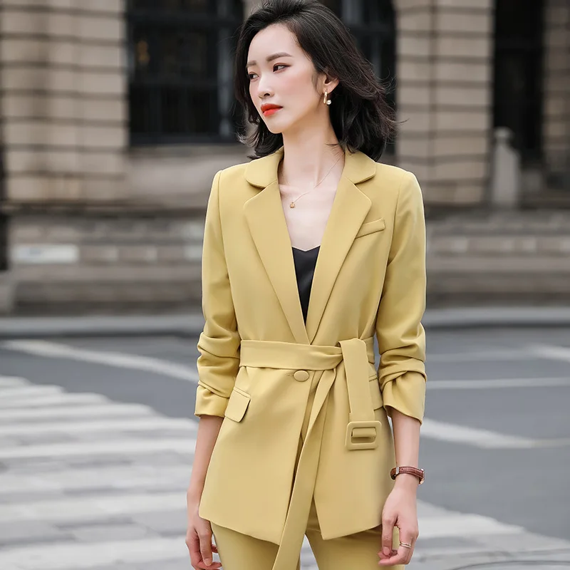 High Quality Fabric Elegant Yellow Formal Uniform Designs Pantsuits with Pants and Jackets Coat OL Styles Professional Blazers | Женская