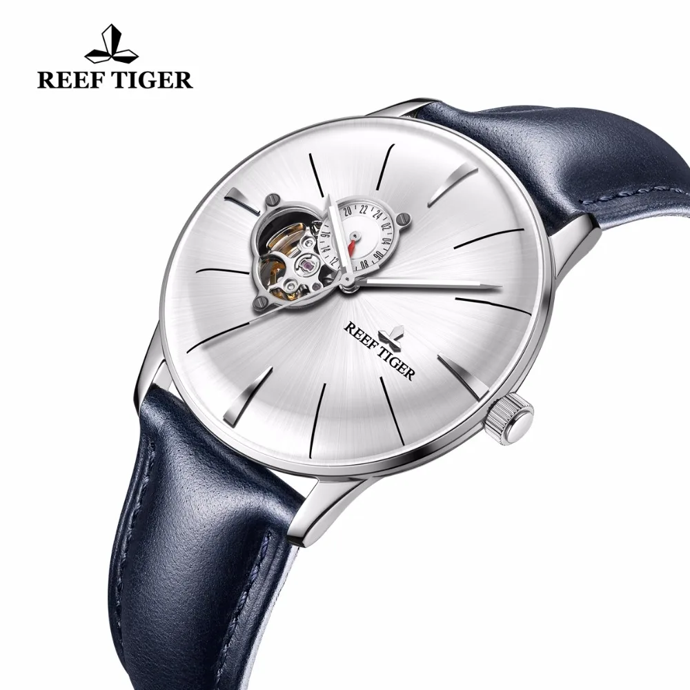 Новинка 2020 мужские наручные часы Reef Tiger/RT синие кожаные стальные с выпуклыми